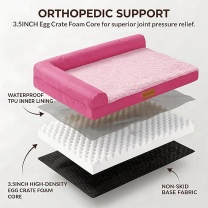 Patas Lague Orthopedic Dog Bed Medium Size Dog 30''X20'', Waterproof L Bolster Medium Pet Sofa Beds with Removable Washable Cover, Soft Comfortable Pet Couch Crate Mat with Nonskid Bottom, Pink