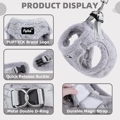 PUPTECK Adjustable Dog Harness Collar and Leash Set Step in No Pull Pet Harness for Small Medium Dogs Puppy and Cats Outdoor Walking Running, Soft Mesh Padded Reflective Vest Harnesses, Plush Grey S