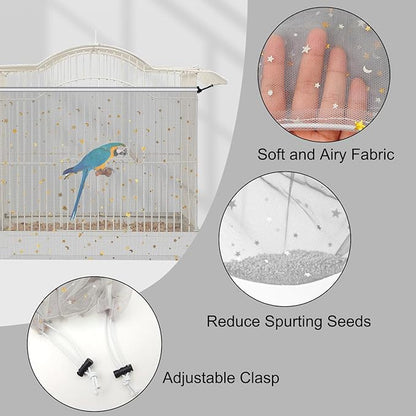 Bird Cage Seed Catcher, 60-118'' Large Bird Cages Cover, 31.5'' H Adjustable Nylon Bird Cage Mesh Net, Soft Airy Bird Cage Skirt Guard Accessories for Parrot Parakeet Macaw (Gray)