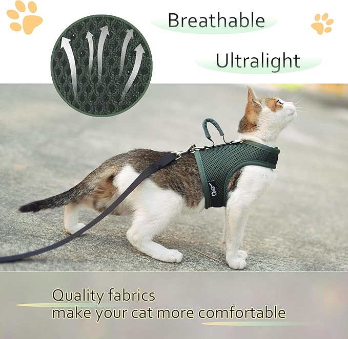 Cat Harness and Leash for Walking Escape Proof Breathable Mesh Fabric, Solid Green, Large, Adjustable Cat Walking Jackets with Handle, Padded Stylish Cat Vest