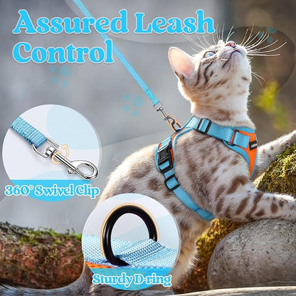 rabbitgoo Cat Harness and Leash Set, Escape Proof Soft Adjustable Vest Harnesses for Outdoor Walking, Easy Control Breathable Kitten Jacket with Reflective Strips, Orange & Light Blue, XXS
