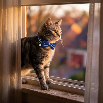 THAIN Cat Collar Breakaway with Bell and Bow Tie Safety Buckle Blue Plaid Pattern Adjustable 7-11 inches for Kitten Cats(Blue Plaid)