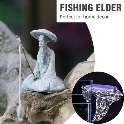 LIYAOLI Japanese Zen Fisherman Statue - Sandstone Mini Figurine for Aquarium Decor, Fish Tank Decorations, Zen Garden & Home Ornament - Asian Sitting Fishing Sculpture