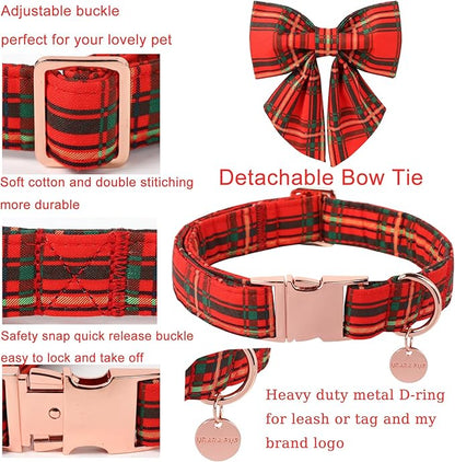 Christmas Dog Collar with Bow Tie, Cotton Christmas Plaid Collar for Medium Girl Boy Dog,Red &Green Plaid Dog Collar Bowtie with Durable Metal Buckle,Adorable Pet Collar,M,Neck 13.5-22in