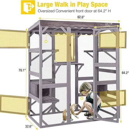 Aivituvin Cat House Outdoor Catio Kitty Enclosure with Super Large Enter Door,Wooden Cat Cage Condo Indoor Playpen with Platforms,Small House,70 Inch