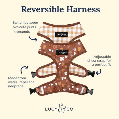 Lucy & Co. Cute Reversible Dog Harness Walking Halter - Best Designer Pet Harnesses for XS - XL Dogs - Padded Adjustable Vest for Easy Walking (Large, Chocolate Meadows - Brown & White Floral)