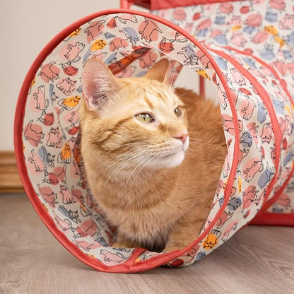 Kitty City Cozy Cube Retreat Cat Tower with Tunnel, Scratching Post & Hanging Toy, Dual-Level Indoor Cat Play Furniture for Climbing, Hiding & Lounging, Red