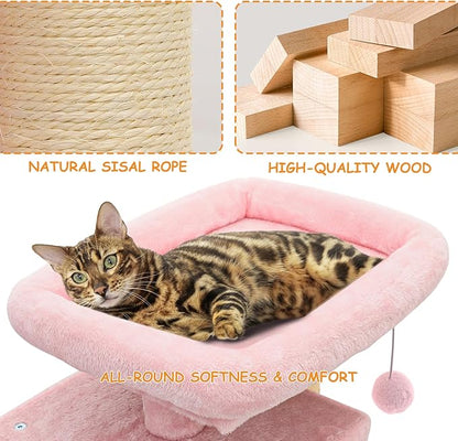34'' Small Cat Tree with 2 Condos, Sisal Scratching Posts & Board, Multi-Level Climbing Tower for Indoor Cats, Sturdy Light Grey Cat Activity Center - Soft Pink
