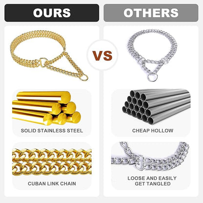 Gold 18K Gold Dog Chain Collar - Stainless Steel, Adjustable, Chew Proof, Cuban Link, Double Row, Walking Collar for Large, Small, Medium Dogs