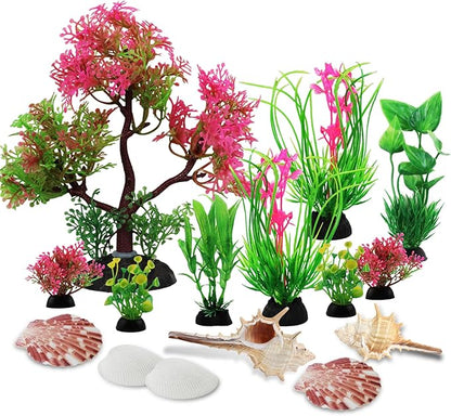 Aquarium Plants with Natural Decorations Shells, 15pcs Fish Tank Decoration Colorful Artificial Fish Tank Decor Plants Aquarium Decorations for Household and Office Aquarium Simulation
