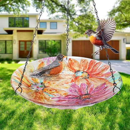 VCUTEKA Hanging Bird Bath, Glass Bird Baths for Outdoors Birdfeeder with 21 inch Rust-Proof Chain for Garden Yard Decor, Flower