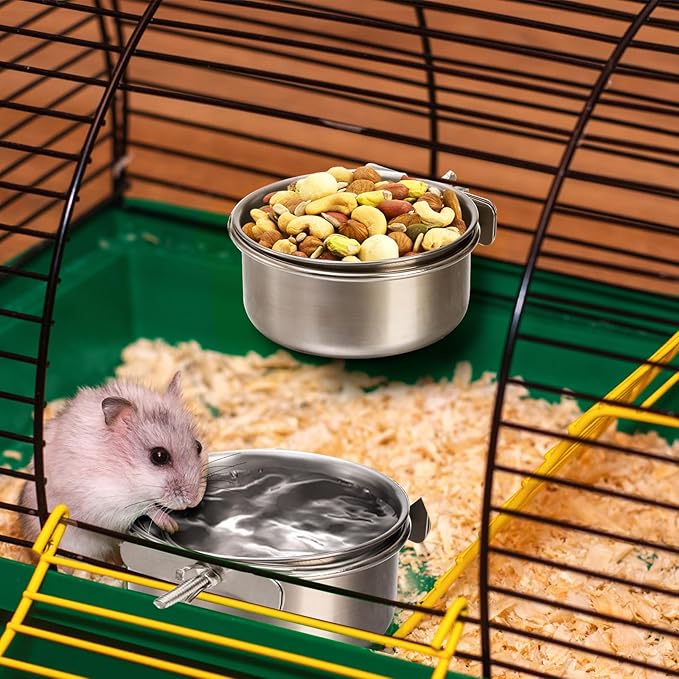 Okllen 4 Pack Bird Feeding Dish Cups, Detachable Stainless Steel Bird Food Bowls with Clamp for Chinchilla Parrot Cockatiel Conure Budgies Parakeet Small Animal