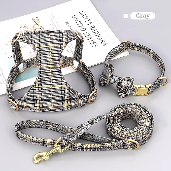 Beirui Cute Extra Small Dog Harness Collar and Leash Set with Bowtie, Soft Adjustable Plaid Puppy Harness for Small Sized Dogs Cats Walks Parties and Photoshoots(Gray,XS:Chest 13-18")