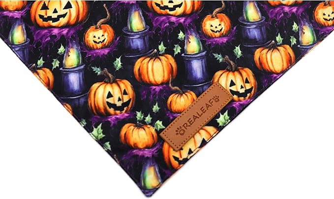 Realeaf Halloween Dog Bandanas 2 Pack, Pumpkins and Ghosts Pet Scarf for Boy and Girl, Premium Durable Fabric, Holiday Bandana for Large and X-Large Dogs Pets (X-Large)