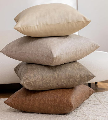 Pack of 4 Oversized Faux Leather Neutral Decorative Throw Pillow Covers 26x26 inch, Soft Modern Boho Luxury Waterproof Floor Cushion Cases, for Outdoor Lounge Sofa Couch Bed Home Decor