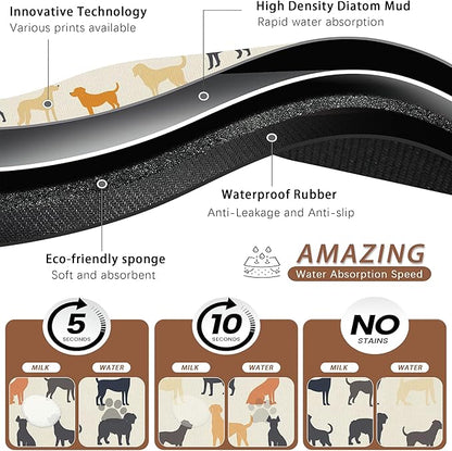 Cute Dog Cat Food Mat,Color Silhouette Absorbent Pet Feeding Mat with Rubber Backing,Non-Slip Water Bowl Placemat,Indoor Pet Accessories Supplies 16"x24"