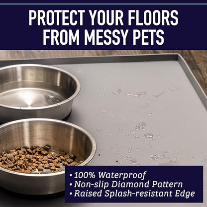 Leash Boss Silicone Pet Bowl Mat - Non-Slip Surface Secures Dog Food Tray - Raised Edge Spill Guard Cat Water Mat - Dishwasher-Safe Silicone Tray for Dog Food & Water - XL 25 x 17 in, Beige