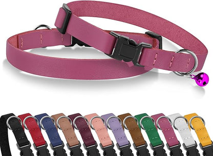 Breakaway Cat Collar with Bell - Leather Adjustable Kitten Collars with Safety Quick Release Buckle - Soft Small Pet Collars for Girl & Boy Cats (Pink)