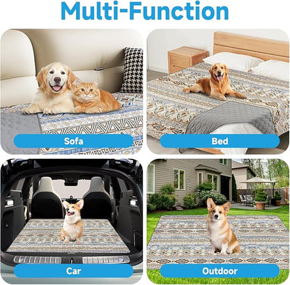 Waterproof Dog Blanket, Bohemian Dog Bed Cover Pet Blanket, Reversible Sofa Couch Cover for Dogs Washable, Protect Furniture Bed Couch Sofa for Puppy Cat (Beige Medallion, 52×82 Inch)