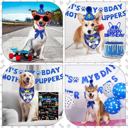 Blue Dog Birthday Party Supplies Pet Birthday Bandanas Boy Doggy Birthdays Hat Bow Tie Greeting Card Numbers It's My Bday Mother Puppers Sign Banner for Medium Large Pets