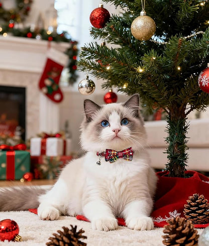 Joytale Upgraded Christmas Cat Collar with Bells, Breakaway Cat Collars with Bow Tie, 1 Pack Girl Boy Safety Plaid Kitten Collars, Christmas Red