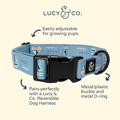 Lucy & Co. Set Sail Adjustable Dog Collar- Cute Designer Pet Collar for Small, Medium, Large Dogs- Buckle Closure Dog Accessories, Small, Blue with Green & Yellow Sailboats