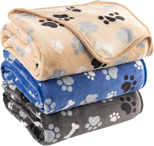 Dog Blanket Paw Bone Pattern 1 Pack 3 Colorful 40"*30" Super Soft Warm Flannel Sofa Cover Car Bed Protector, Urine Proof Washable Outdoor Pet Blanket for Puppy Large Dogs & Cats