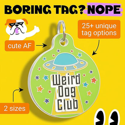 Bad Tags Personalized Dog and Cat ID Tags in 25+ Designs and 2 Sizes - 5 Lines of Custom Engraved Text - Funny Cute Personalized Pet Tags (Weird Dog Club, Small (1 inch))