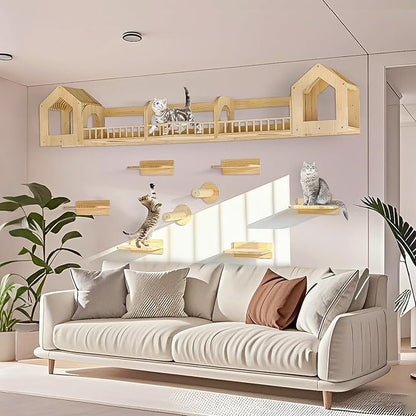 Cat Wall Shelves and Furniture Set with Condos, Perches, Bridge Ladders, Sisal Scratching Posts - Steps and Houses for Cats (D)