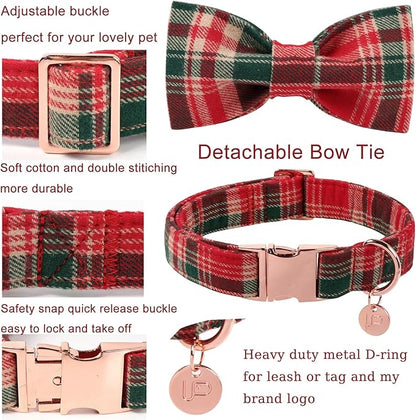 Christmas Plaid Dog Collar with Bow Tie– Adjustable Red & Green Checkered Dog Collar for Small Medium Large Dogs, Soft Xmas Plaid Puppy Collars with Quick Release Buckle S