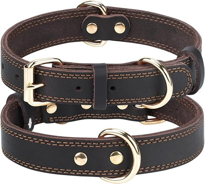 Joytale Genuine Leather Dog Collar for Large Dogs, Heavy Duty Thick Solid Leather for Power Breeds, Sturdy Adjustable Pet Collar with Metal Pin Buckle, Durable for Daily Walking, Brown, XL