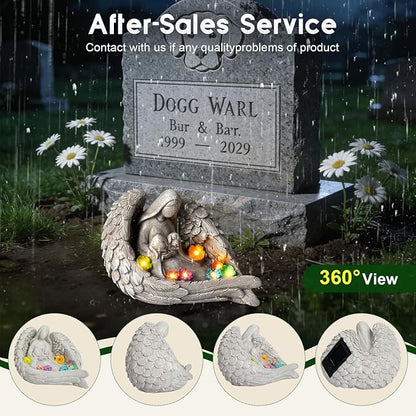 Solar Garden Decor - Memorial for Loss of Dog with Angel Statue, Solar Powered Outdoor Pet Memorial Stone & Dog Remembrance Gift for Backyard, Cemetery Handmade Eco-Resin, 7 LED Lights