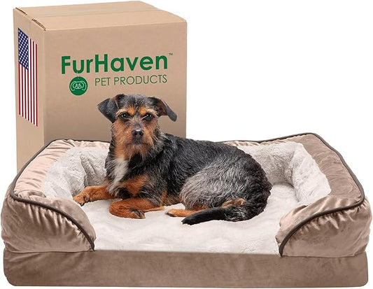 Furhaven Memory Foam Dog Bed for Medium/Small Dogs w/ Removable Bolsters & Washable Cover, For Dogs Up to 35 lbs - Plush & Velvet Waves Perfect Comfort Sofa - Brownstone, Medium