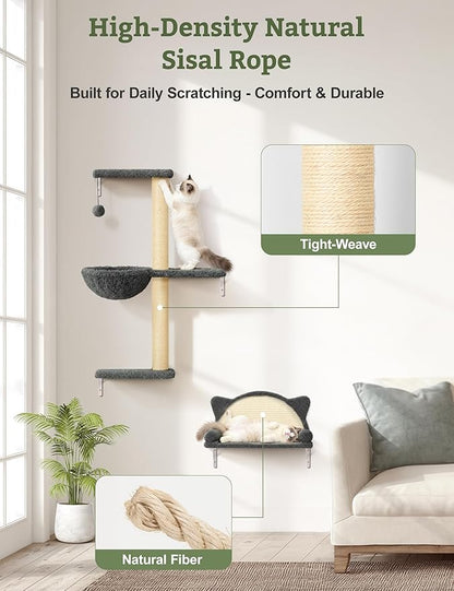 5-in-1 Cat Wall Shelves, Solid Wood & Velvet & Sisal Scratcher, 44lbs Max Load, Wall Mounted Cat Furniture for Climbers, Cat Climbing Wall System, Fits Drywall & Solid Walls - Dark Gray
