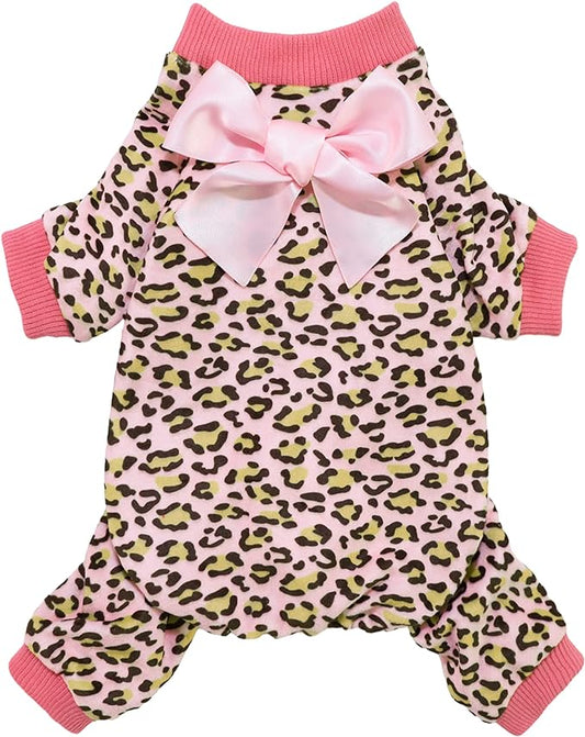Fitwarm Leopard Dog Pajamas, Fleece Dog Clothes for Small Dogs Girl with Legs, Pet Onesie, Cat Outfit, Pink, Medium