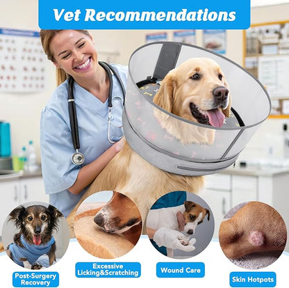 Inflatable Dog Cone with Anti-Licking Clear Shield, Protective Dog Donut Collar After Surgery, Adjustable Soft Recovery Cone for Pets, Alternative Collar with Buckle Strap (Grey Paw, M)