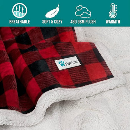 PetAmi Dog Blanket for Bed, XL Pet Blanket Large Dogs, Fleece Furniture Couch Cover Protector Sofa Car Crate Kennel, Soft Sherpa Cat Throw Plush Reversible Washable, Twin 60x80 Checker Red