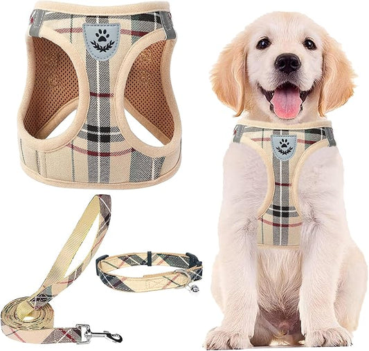 PUPTECK Adjustable Dog Harness Collar and Leash Set Step in No Pull Pet Harness for Small Medium Dogs Puppy and Cats Outdoor Walking Running, Soft Mesh Padded Reflective Vest Harnesses, Beige L