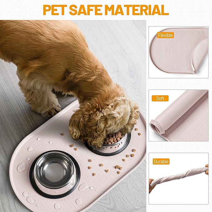 Hubulk 100% Waterproof Silicone Pet Feeding Mat with Raised Edge for Food and Water, Dog Bowl Mats, Cat Bowls Placemat with High Lip Protects Floor for Cats and Dogs (White Sand, 32" L x 24" W)