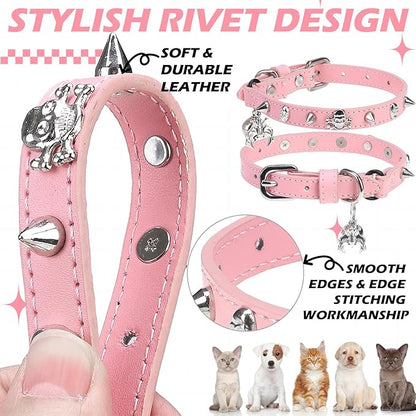 EXPAWLORER Cat Collar for Girl Boy Cats- Adjustable Leather Pet Collar with Safety Elastic Belt,Personalized Punk Accessories Buckle Collars with Bell & Durable D-Ring,Skull & Rivet（Pink）