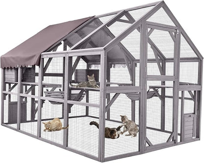 Aivituvin Extra Large Catio Outdoor Cat Enclosure Window Design for 10-20 Cats, 74"H Walk-In Patio Cat House with 4 Access Doors, Waterproof Roof, Spacious Kitty Cage for Multiple Indoor Outdoor Cats