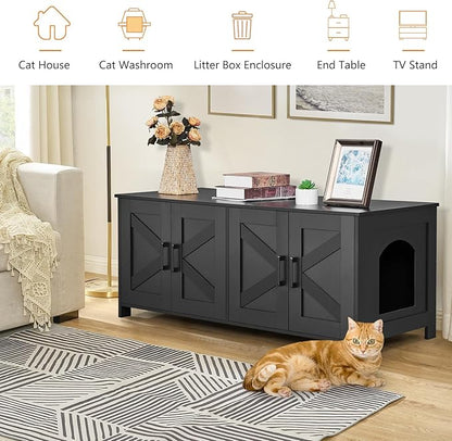 Homhedy Cat Litter Box Enclosure for 2 Cats, Litter Box Furniture Hidden with Double Room,Wooden Cat Washroom Furniture,Cat House,47.2”L x 19.7”W x 19.7”H,Black