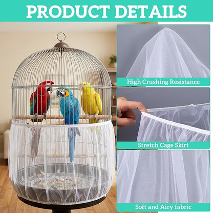 2 Pcs Bird Cage Cover Universal Bird Cage Seed Catcher, Breathable Nylon Mesh Net Cover Adjustable Soft Airy Cages Net Stretchy Skirt for Round Square Cages