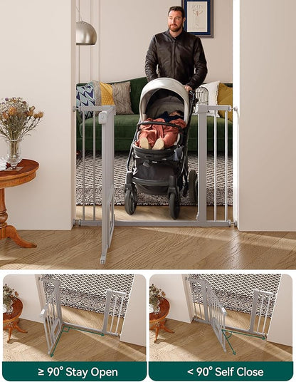 Babelio 29-48" Extra Wide Baby Gate with Adjustable Cat Door,Easy Install Pressure/Hardware Mounted,Auto Close Pet door for Stairs,House,Doorways,Effortless Walk Thru,Gray