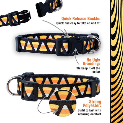 Native Pup Halloween Dog Collar- Spooky Fall Themed Horror Costume Collars- Skull, Pumpkin, Ghost, Bat, Witch, Candy Corn, Spider- Adjustable for Small, Medium, Large Breeds (Small, Candy Corn)