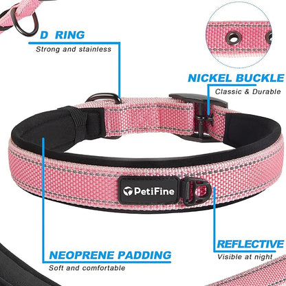 PetiFine Dog Collar for Large Dogs, Neoprene Padded and Adjustable, Reflective Wide Heavy Duty Pet Collars with Durable Metal Belt Buckle for Walking, Pink, L