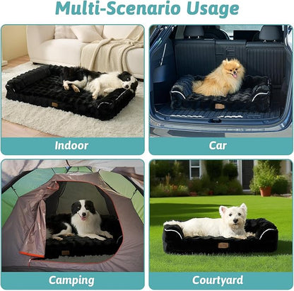 Faux Fur Orthopedic Dog Bed, Extra Large Dog Bed, Supportive Foam Pet Sofa with Waterproof Lining Cover, Washable U-Shaped Pet Couch with Anti-Slip Bottom Design, Black XXL 48x32x8 inch