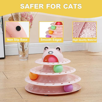 Gefryco Cat Toys 4-Tier Roller Track, Turntable Cat Tower Toy with Colorful Chase Balls, Multi-Level Interactive Cat Toys for Bored Indoor Adult Cats, Fun Puzzle Kitten Exercise Toys Self Play (Pink)