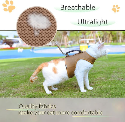 Kitty Harness and Leash for Walking Escape Proof Breathable Mesh Fabric, Solid Brown, X-Small, Adjustable Cat Walking Jackets with Handle, Padded Stylish Cat Vest