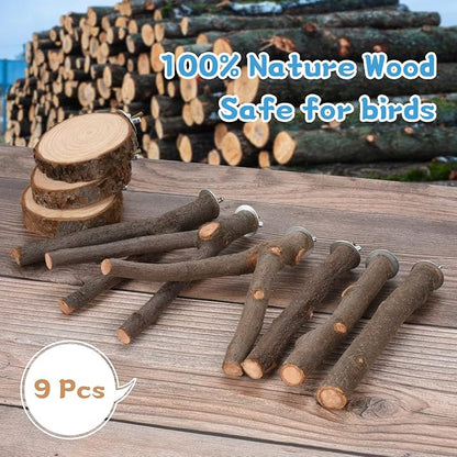 9 PCS Natural Wood Bird Perch, Wooden Parrot Perch Stand Bird Cage Branches Platform Accessories for Parakeets Cockatiels Conures Macaws Finches Love Birds